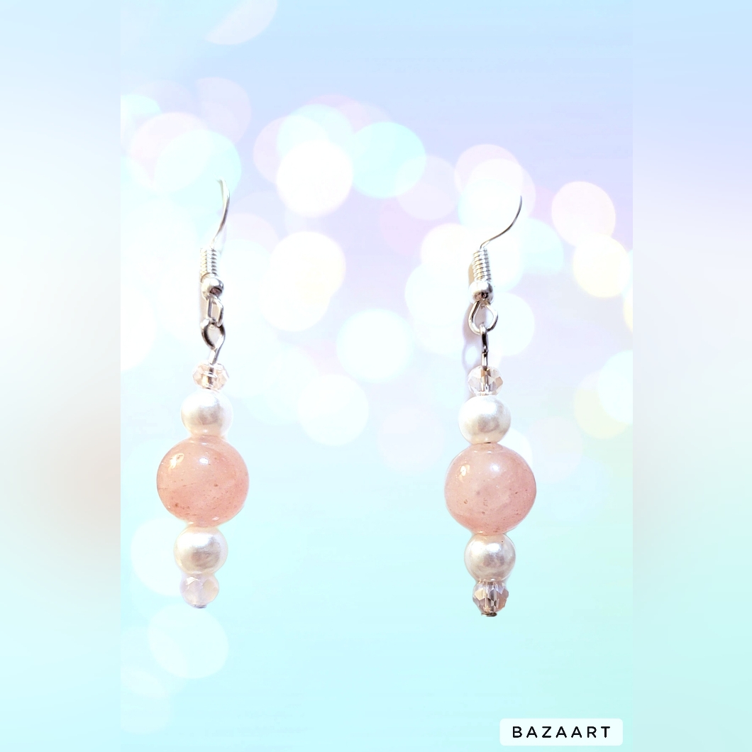Handmade Rose Quartz And Crystal Dangle Earrings